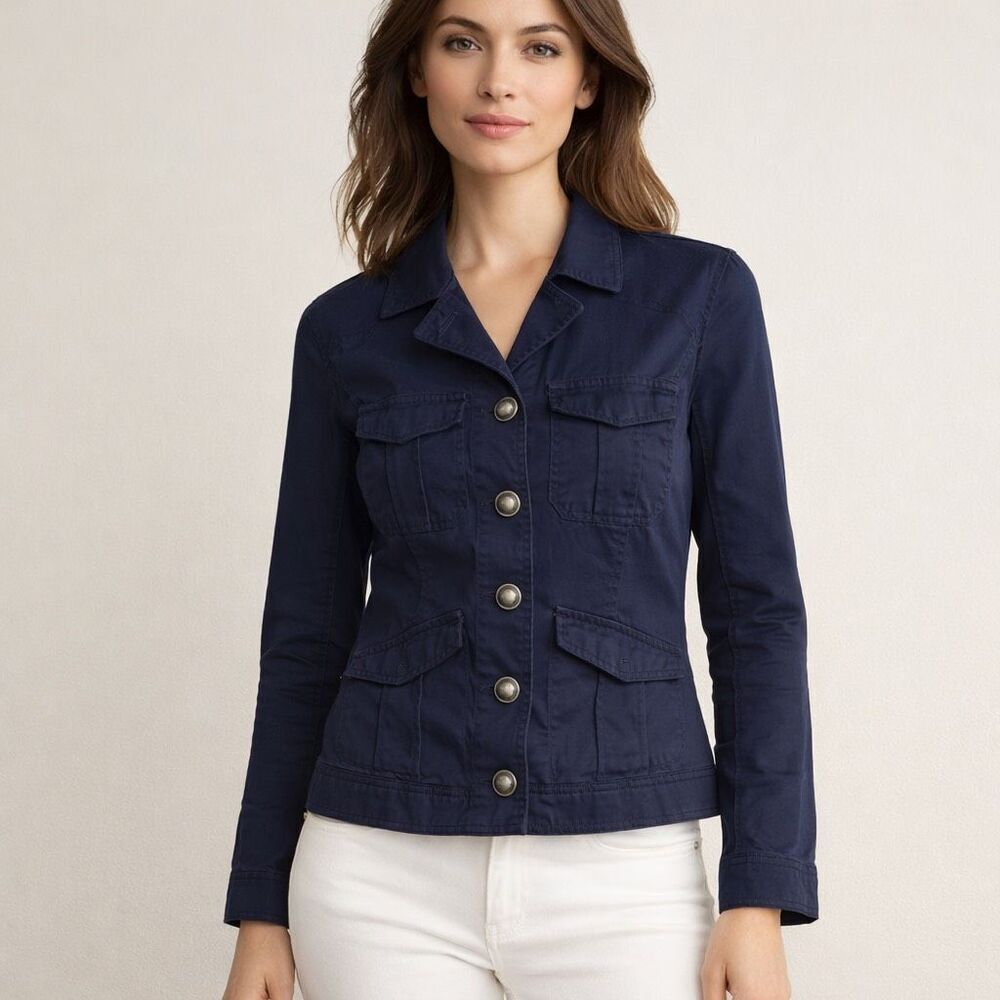 Express Navy Utility Jacket Women Small Stretch Button Front